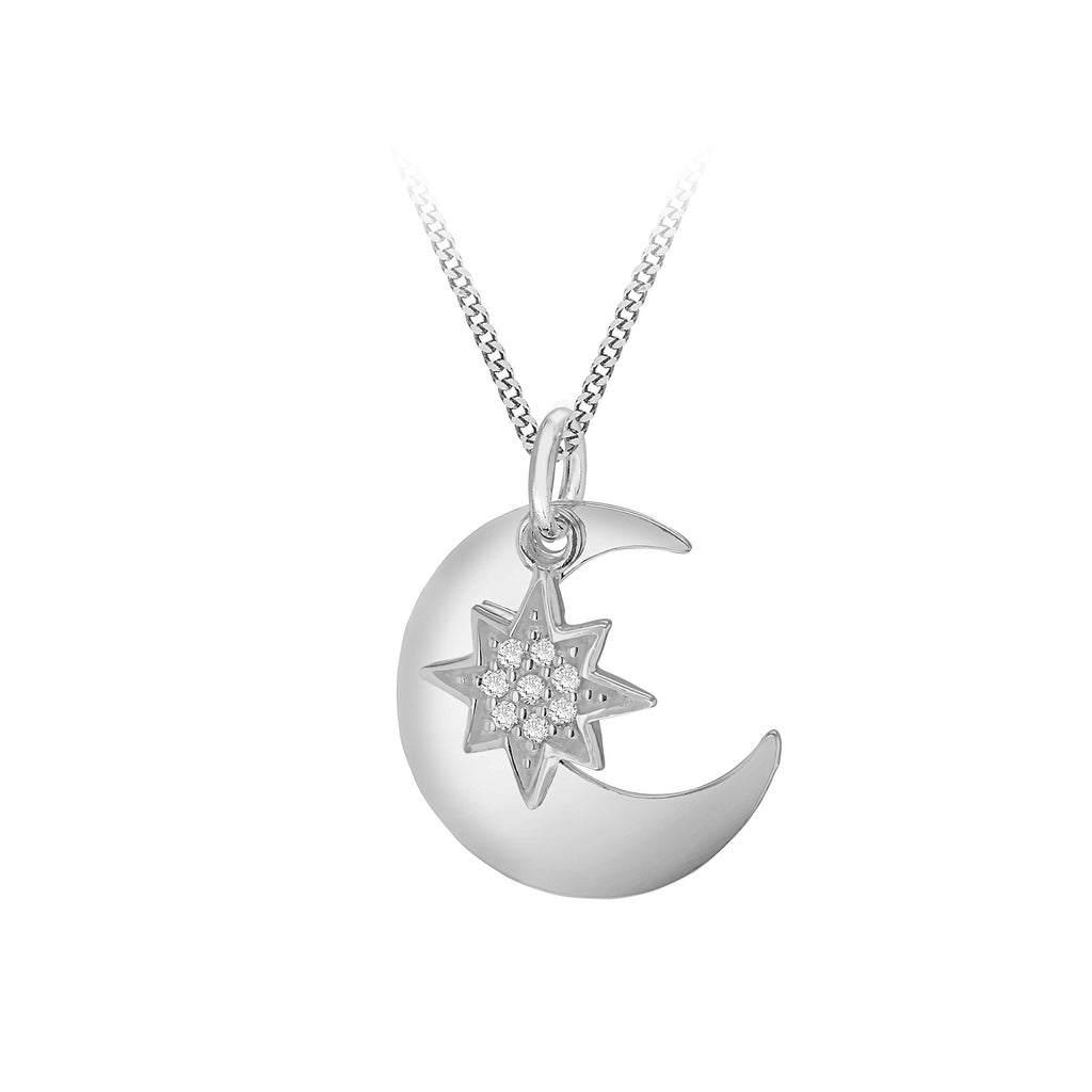 [Australia] - Tuscany Silver Sterling Silver Cubic Zirconia Star and Plain Moon Pendant on Adjustable Panza Curb Chain 41 cm/16 inch - 46 cm/18 inch 