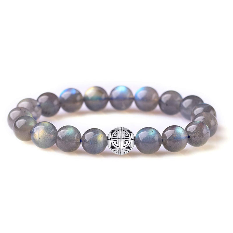 [Australia] - MetJakt Natural 8mm Gemstones Healing Crystal Stretch Beaded Bracelet Bangle with 925 Sterling Silver Double Happiness Pendant Labradorite 