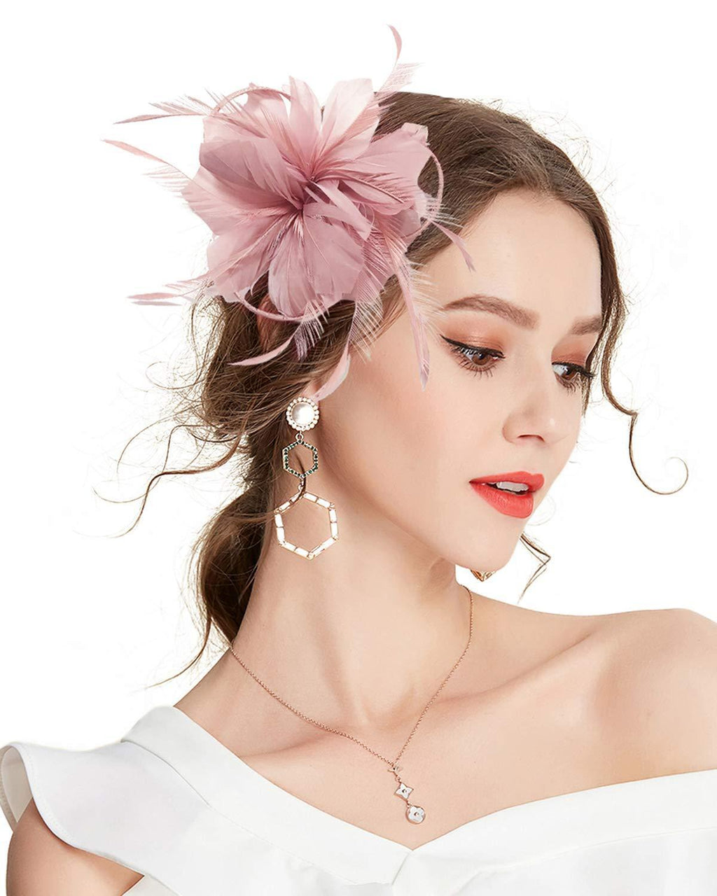 [Australia] - Z&X Sinamay Fascinator with Headband Clip Mesh Flower Feather Cocktail Pillbox Hat D- Nude Pink 