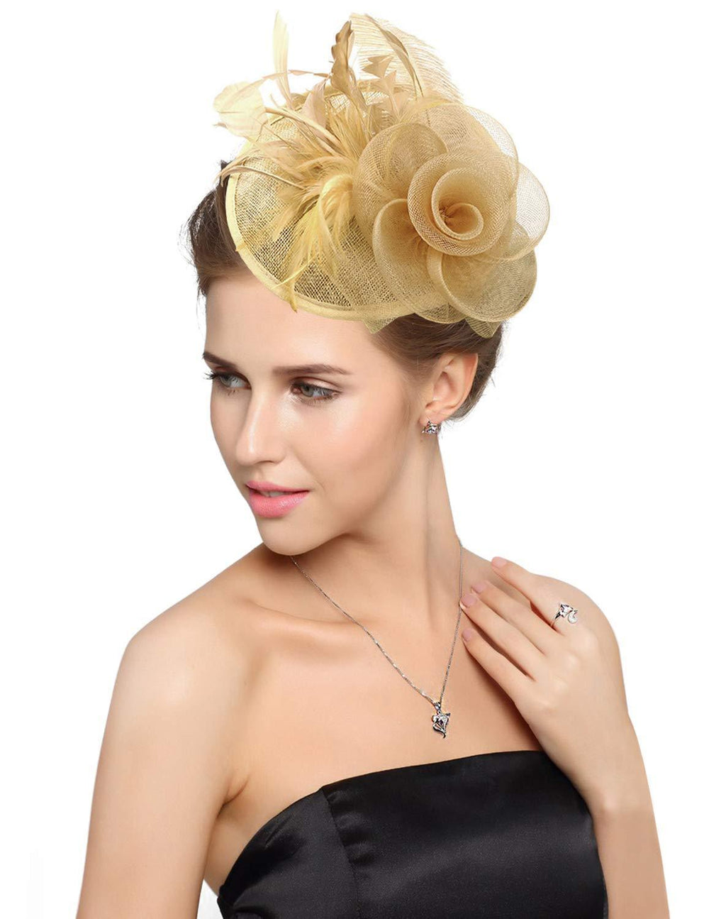 [Australia] - Z&X Sinamay Fascinator with Headband Clip Mesh Flower Feather Cocktail Pillbox Hat #a Gold 