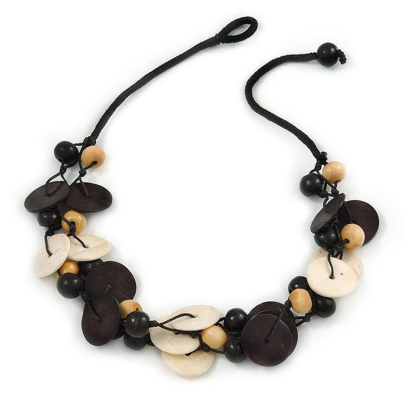 [Australia] - Avalaya Black/Natural Wood Bead Black Cord Necklace - 52cm L 