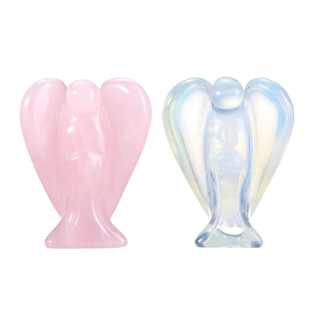 [Australia] - CrystalTears 2pc Caved Guardian Angel Natural Rose Quartz/Opalite Reiki Healing Statue Fengshui Figurine 1.5" 