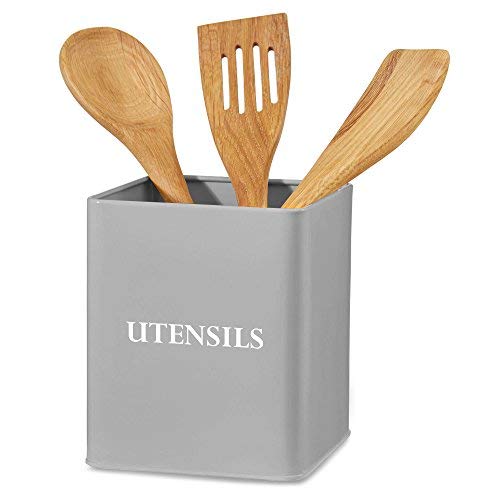 [Australia] - Andrew James Vintage Kitchen Utensil Holder Caddy - Large Retro Square Storage Holders in Grey with White Text, Vintage Styling, 14cm x 14cm x 16.3cm 