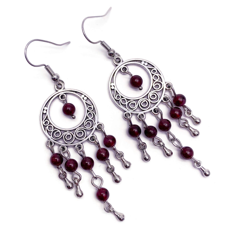 [Australia] - Chandelier Earrings Silver Tone with 4mm Garnet Beads - 70mm Long on Nickel Free Hooks 