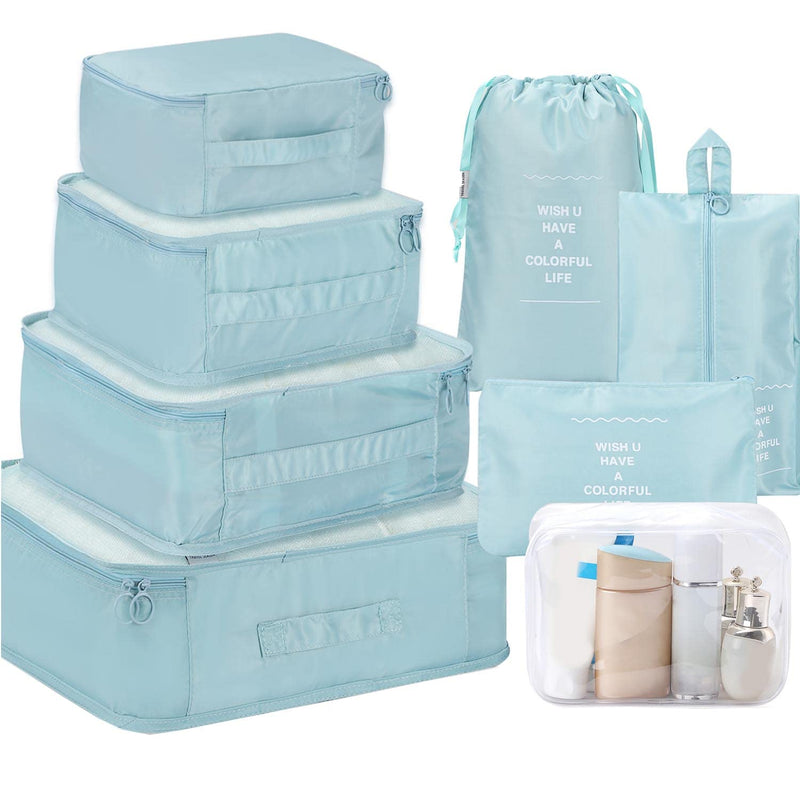 [Australia] - 8 Set Packing Cubes - WantGor 6 Travel Organizer Luggage Compression Pouches + 1 Shoes Bag+ 1 Clear Toiletry Bag (1# Sky Blue) 1# Sky Blue 