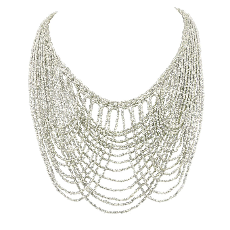 [Australia] - BOCAR Multi Layer Statement Necklace Colorful Beaded Collar Bib Soiree Necklace for Women Gift (NK-10490) Silver 