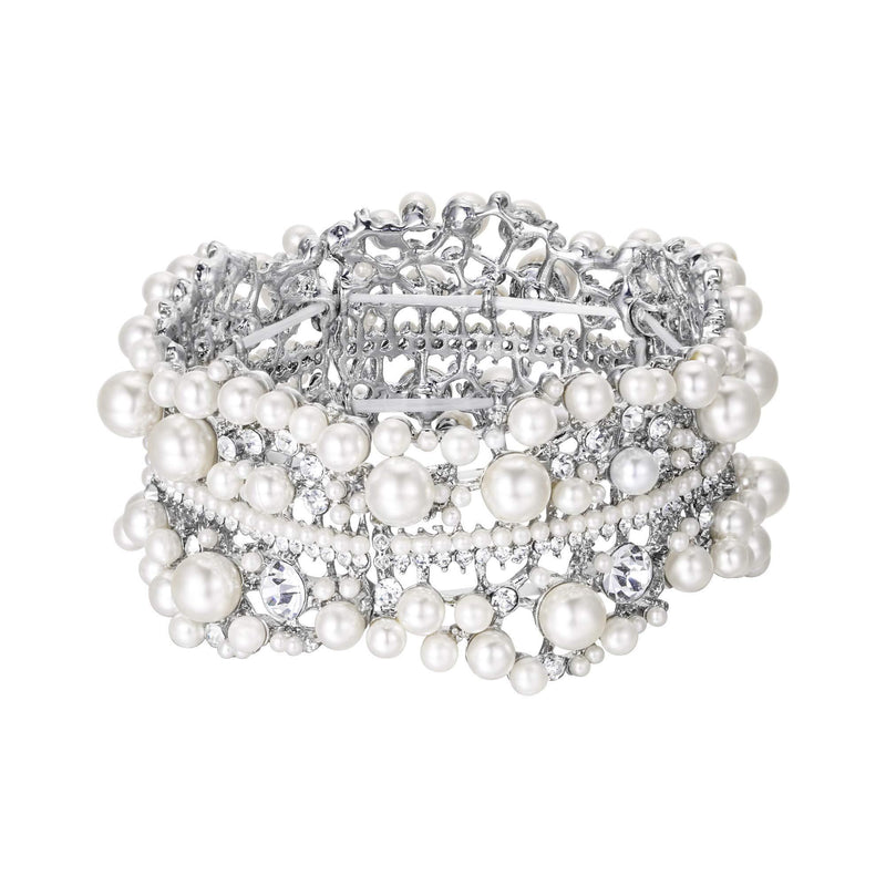 [Australia] - Ever Faith Austrian Crystal Simulated Pearl Bridal Elegant Flower Stretch Bracelet Clear Silver-Tone 