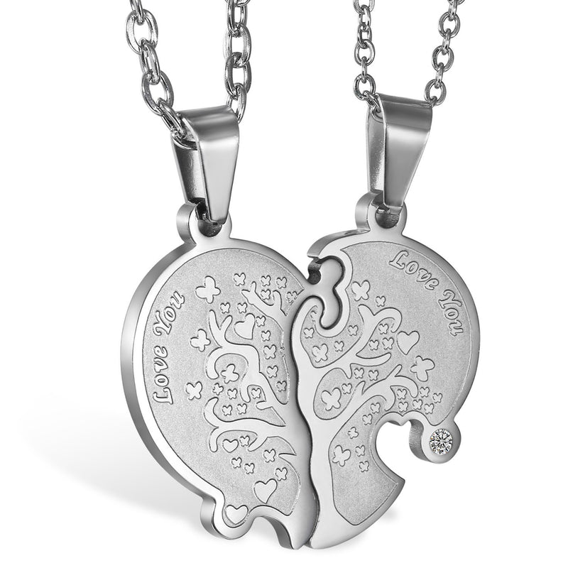[Australia] - Oidea Stainless Steel His Hers Love You Life Tree Heart Puzzle Necklace,Silver for Couples Promise 