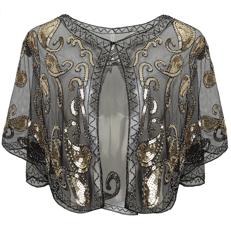 [Australia] - ArtiDeco Women's 1920s Shawl Sequin Beaded Art Deco Evening Cape Vintage Shawl Wraps (Black), Free, Black Gold 