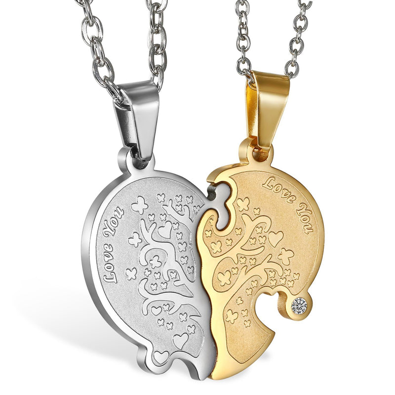 [Australia] - Oidea Stainless Steel His Hers Love You Life Tree Heart Puzzle Necklace,Silver Gold, for Couples Promise 