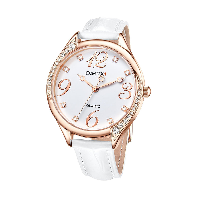 [Australia] - Ladies Watch White Large Dial Face Crystal Diamante White Leather Strap Watch (Rose Gold) 