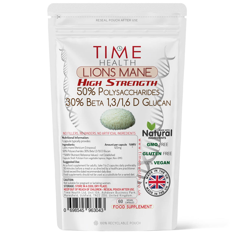 [Australia] - Lions Mane High Strength Extract - 50% Polysaccharides / 30% Beta 1,3/1,6 D Glucan - No Fillers, Binders or Flow Agents - 3rd Party Tested - UK Made (60 Capsule Pouch) 60 Count (Pack of 1) 