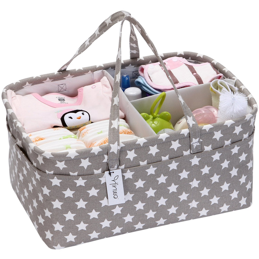 [Australia] - Hinwo Baby Diaper Caddy 3-Compartment Infant Nursery Tote Storage Bin Portable Car Organizer Newborn Shower Gift Basket with Detachable Divider and 10 Invisible Pockets for Diapers & Wipes (Grey Star) Grey Star Large(Pack of 1) 