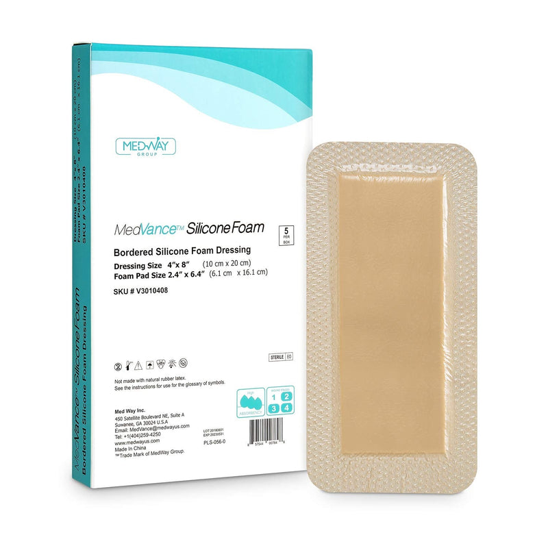 [Australia] - MedVanceTM Silicone - Bordered Silicone Adhesive Foam Dressing Size 10 cm x 20 cm (6 cm x 16 cm pad) Box of 5 dressings 