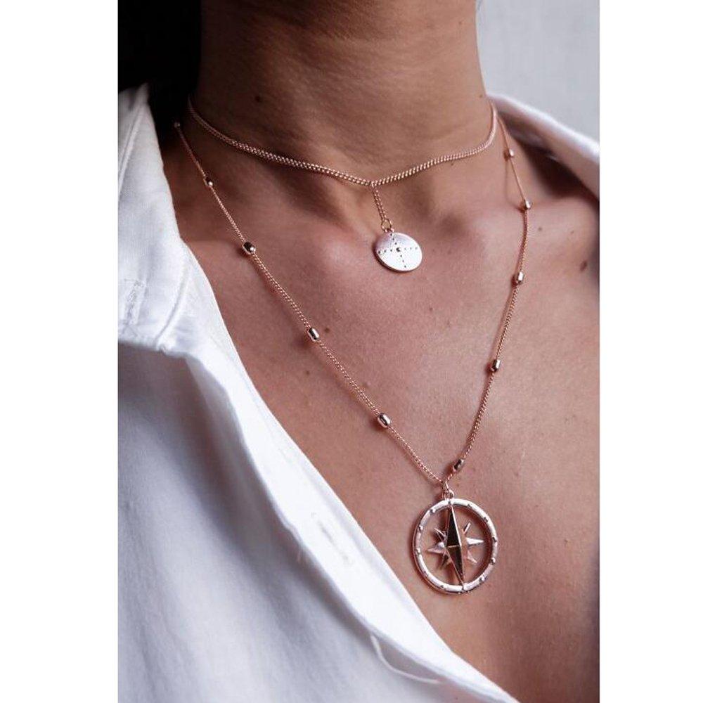 [Australia] - FXmimior Multilayer Necklace Gold Compass Pendant Layered Choker Long Chain Statement Accessories for Women Girl 
