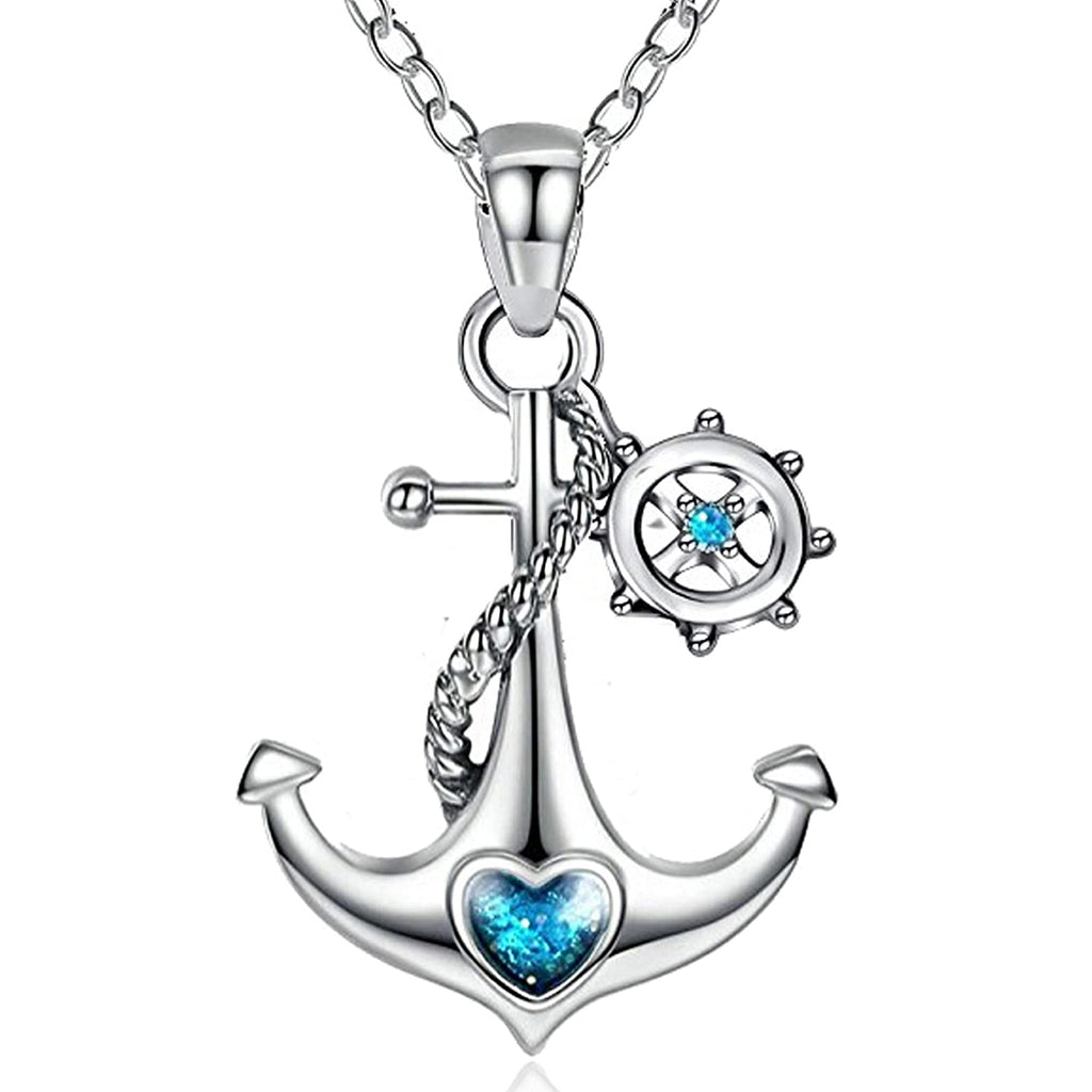 [Australia] - GOXO Anchor Pendant 925 Sterling Silver Blue Ocean Heart Nautical Crystal Necklaces for Women Girls 