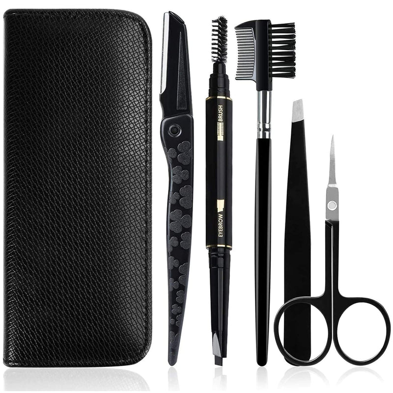 [Australia] - Gibot Eyebrow Set, 5pcs Stainless Steel Eyebrow Grooming Kit with Tweezers, Scissors, Eyebrow Brush Comb, Eyebrow Pencil, Razor and Travel Case for Women and Men, Black 