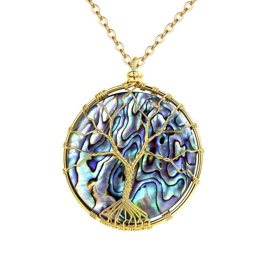 [Australia] - FOCALOOK Abalone Shell Tree of Life Necklaces for Women,Stainless Steel Wire Wrapped Pendent Abalone Jewelry for Women Round-gold 