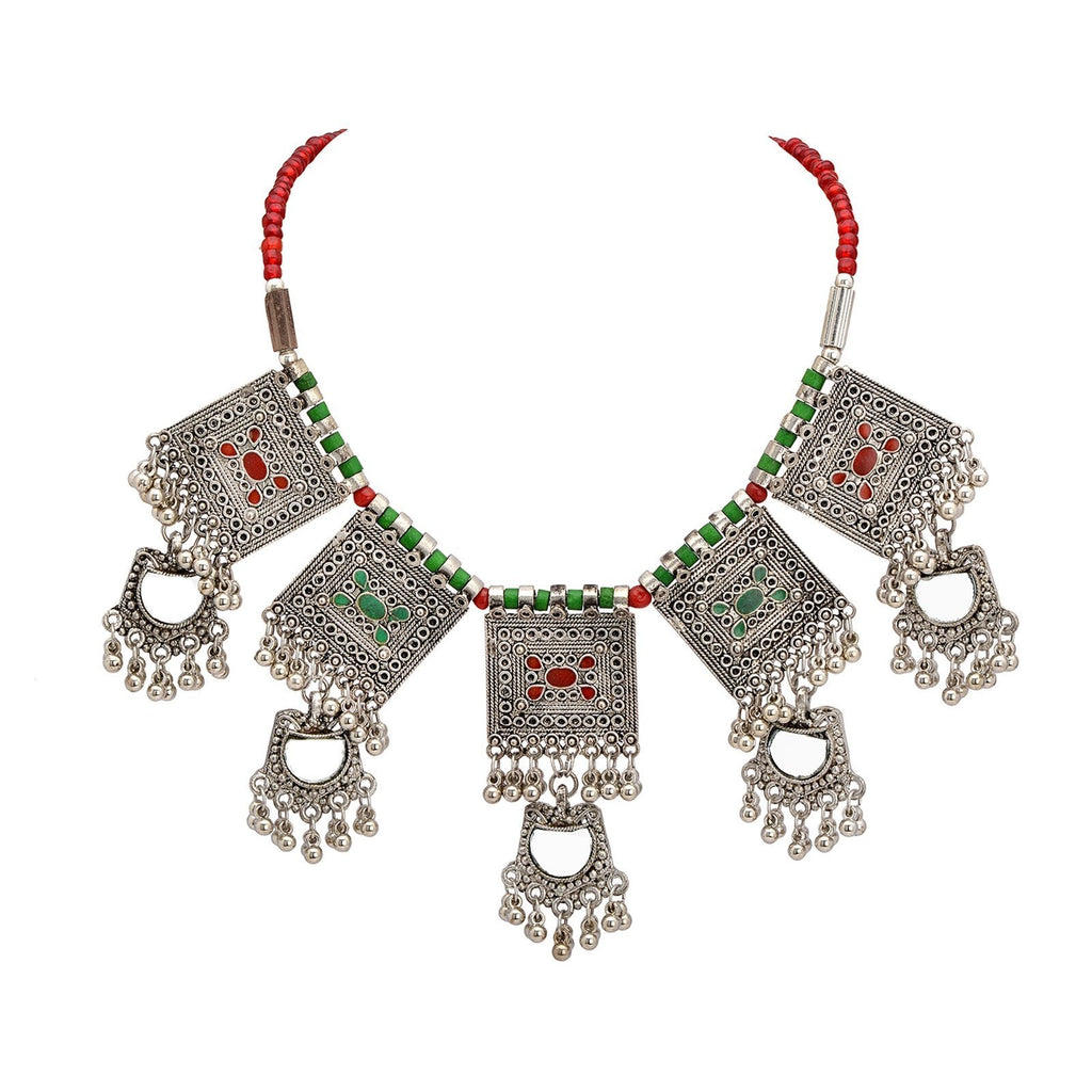 [Australia] - Zephyrr Necklace Carved German Silver Choker Green & Red Beaded Mirror & Enamel for Women and Girls Multi 