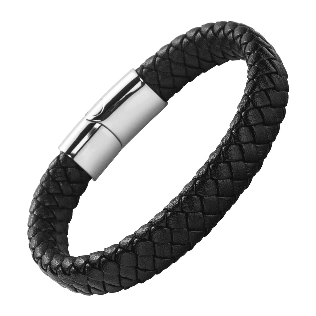 [Australia] - BisLinks Black Leather Bracelet with Stainless Steel Magnetic Clasp Lock for Men & Women - 21cm Black Braided Faux Leather 