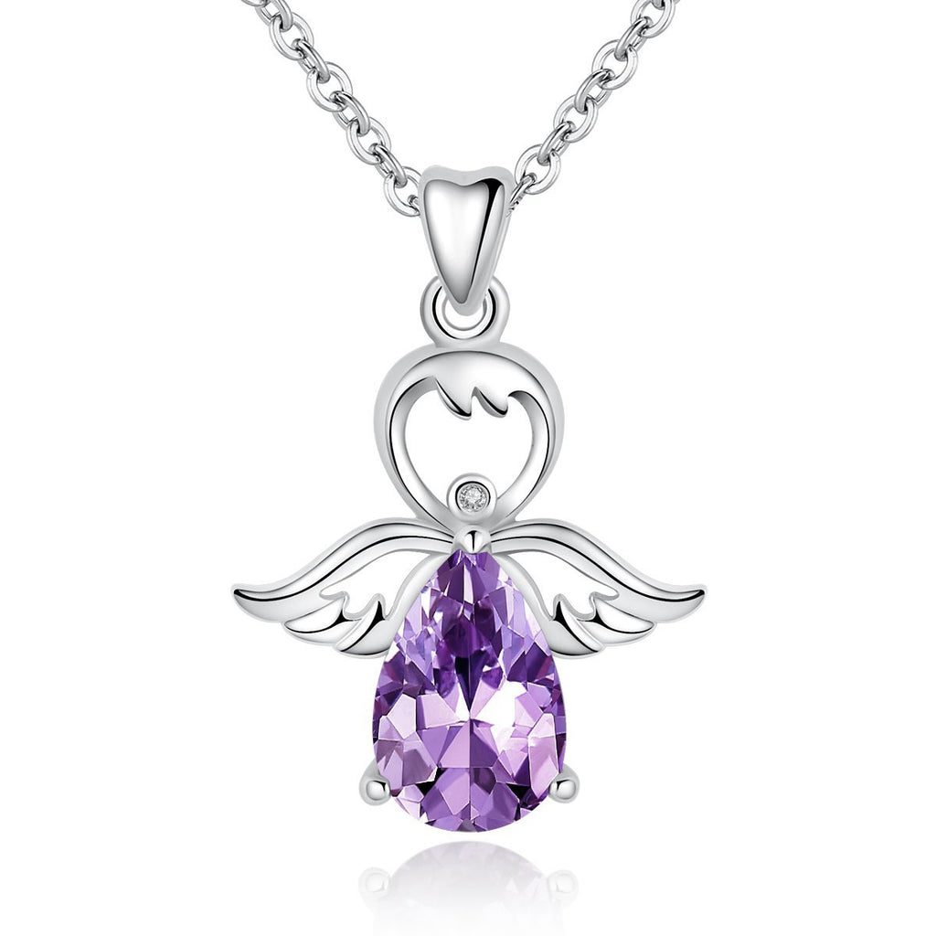 [Australia] - AEONSLOVE Amethyst Crystal Necklace For Women 925 Sterling Silver Angel Wing Guardian Angel Pendant Necklace Personalised Jewellery Gifts for Wife Mum Girlfriend Ladies Mother's Day 