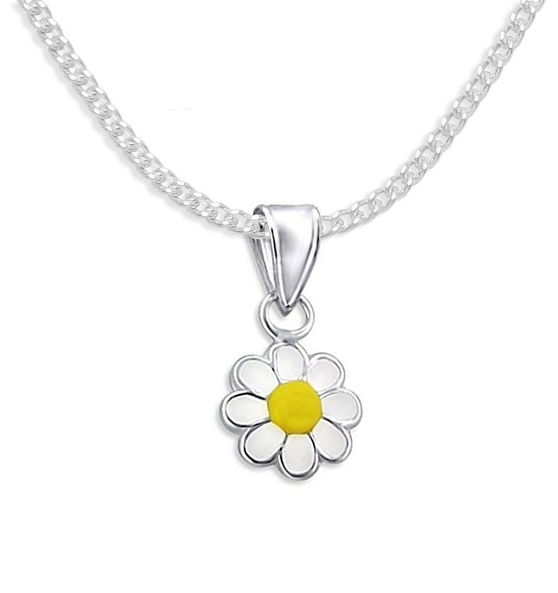 [Australia] - Heather Needham Sterling Silver Children's Daisy Necklace on 14" Silver chain - Yellow & White Enamel Daisy Pendant - SIZE: small & dainty 10mm. Gift Boxed 4876/14 