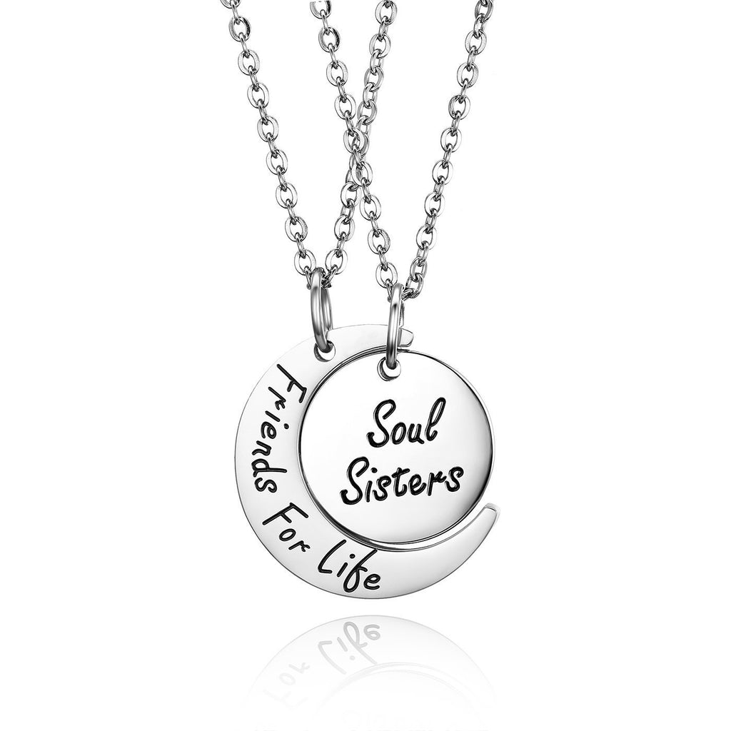 [Australia] - JewelryWe 2PCS Friendship Necklaces Best Friends/Couples Necklace Friends for Life/Soul Sisters Engraving Stainless Steel Moon Round Pendant Chain Silver 
