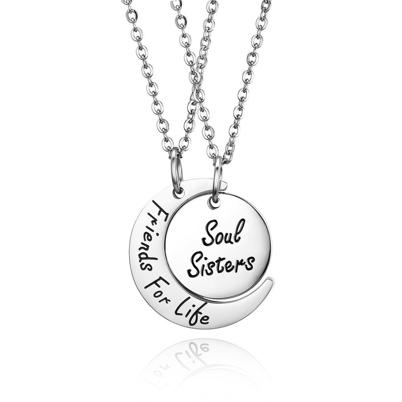 [Australia] - JewelryWe 2PCS Friendship Necklaces Best Friends/Couples Necklace Friends for Life/Soul Sisters Engraving Stainless Steel Moon Round Pendant Chain Silver 