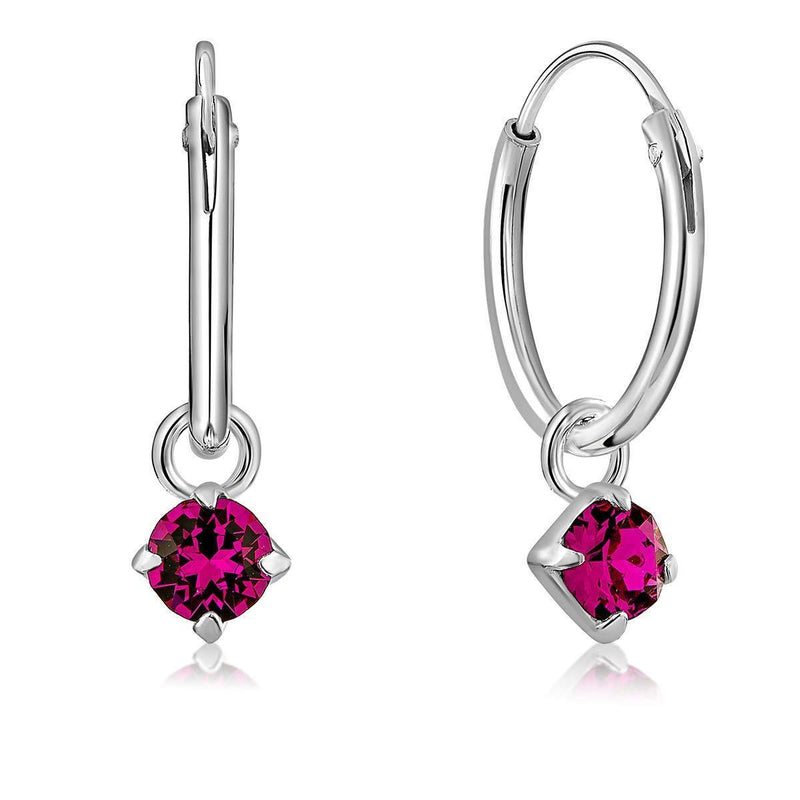 [Australia] - DTPsilver® 925 Sterling Silver SMALL Hoops Earrings & Round Dangling 3 mm Glittering Crystals from Swarovski® Elements - Thickness 1.2 mm - Diameter: 12 mm - Many Colours to choose from Fuchsia 