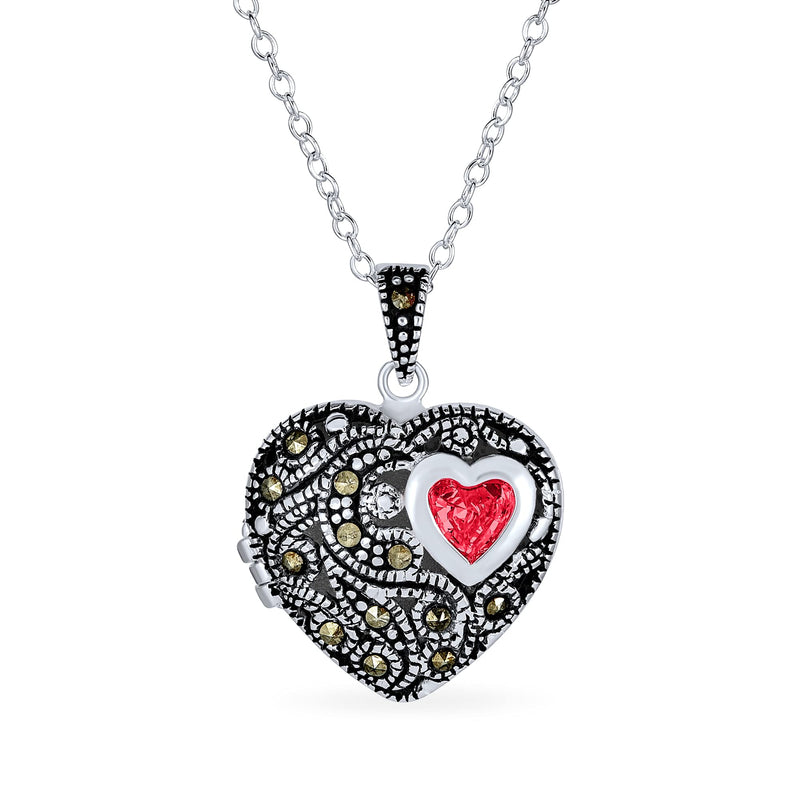 [Australia] - Personalized Marcasite Pink CZ Red Garnet Vintage Antiqued Style Filigree Aromatherapy Essential Oil Perfume Diffuser Heart Shape Locket Necklace For Women Oxidized .925 Sterling Silver Red No Engraving 