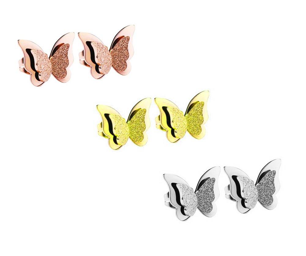 [Australia] - findout Ladies Rose Gold Plated Yellow Gold Plated Silver Titanium Steel Frosted Butterfly 3 Pairs Earrings This is Very Pretty Earrings and Good for Women Girls Friend (f1817) 