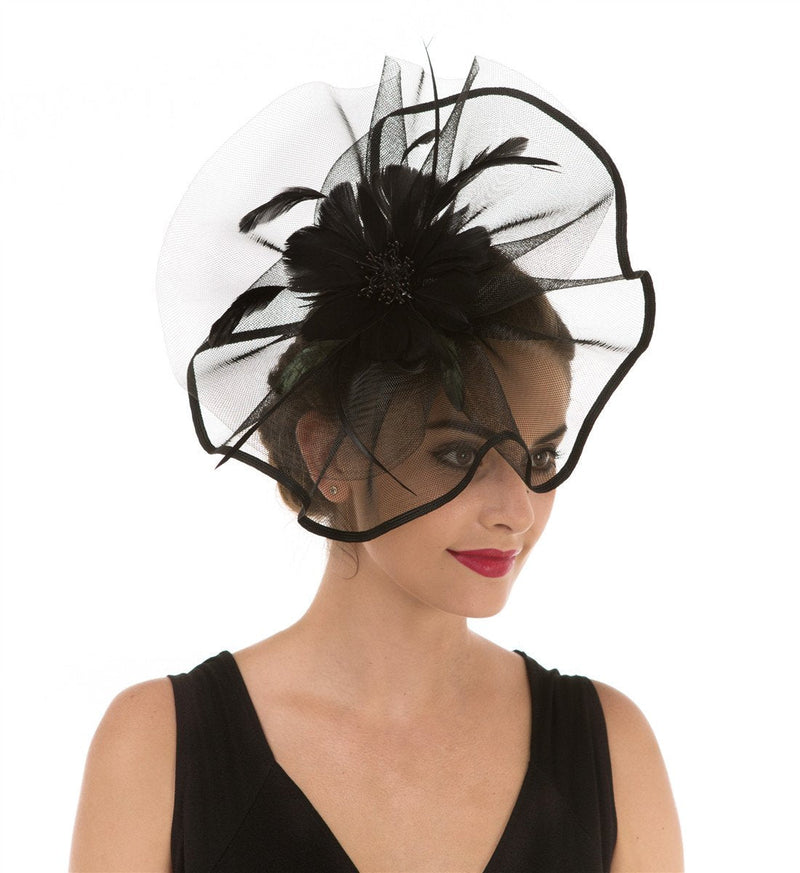[Australia] - Fascinator Hat Feather Mesh Net Veil Party Hat Ascot Hats Flower Derby Hat with Clip and Hairband for Women A1-Large Black Mesh 