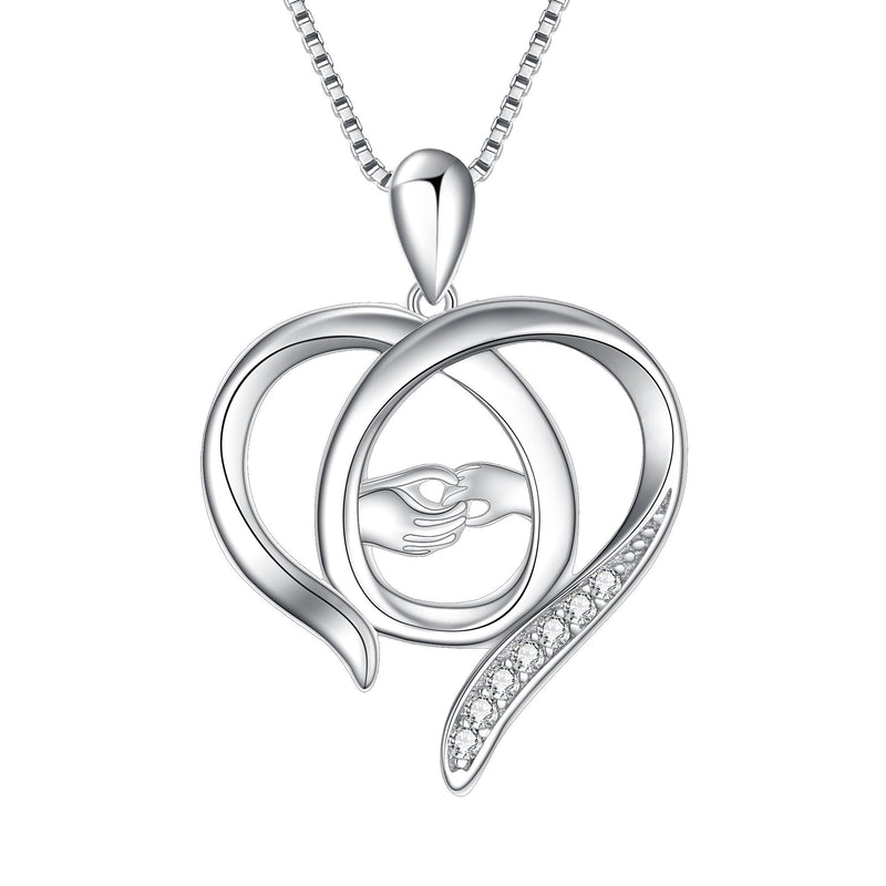 [Australia] - FANZE Women 925 Sterling Silver Cubic Zirconia Hand in Hand Love Heart Pendant Necklace For Mother & Child, Box Chain 18'' 