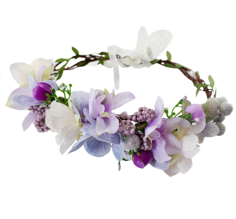 [Australia] - Floral Wreath Headband Bride Flower Crown Hair Wreath Hair Garland Flower Halo Floral Headpiece Boho with Ribbon Wedding Party Festival Purple, One Size 1 
