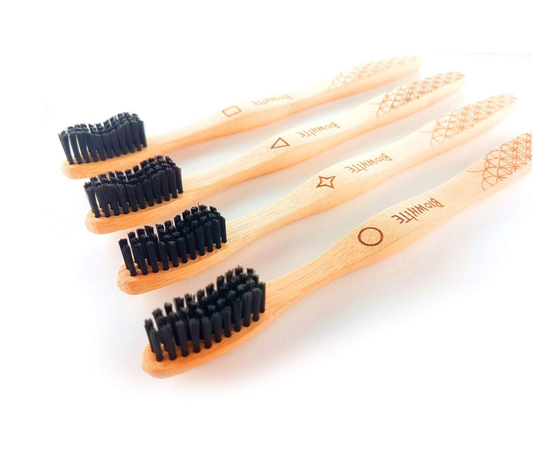 [Australia] - BioWhite - 4 Bamboo Eco Toothbrushes with Whitening Effect. 100% Sustainable Wood Toothbrush. Active Charcoal bristles, Great Grip. Vegan Toothbrush. 