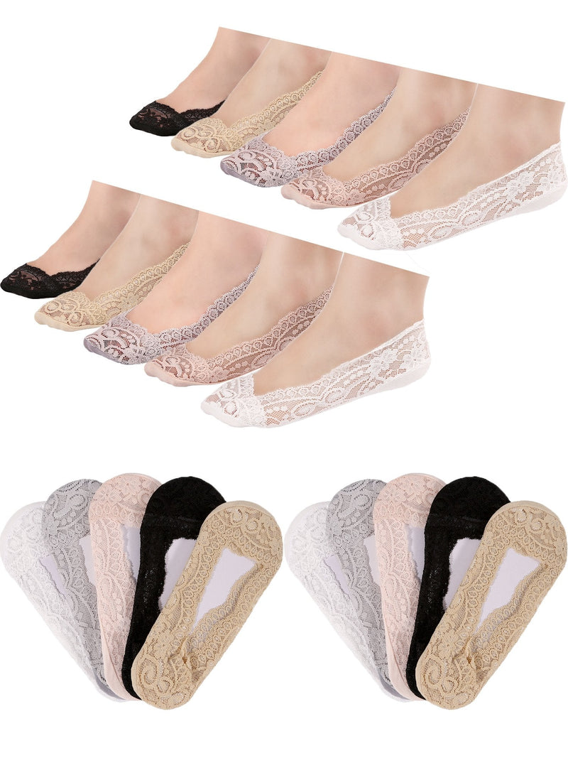 [Australia] - 10 Pairs No Show Lace Boat Socks Non-slip Ankle Socks Invisible Socks for Women Favors (5 Colors)(Size: One Size) 