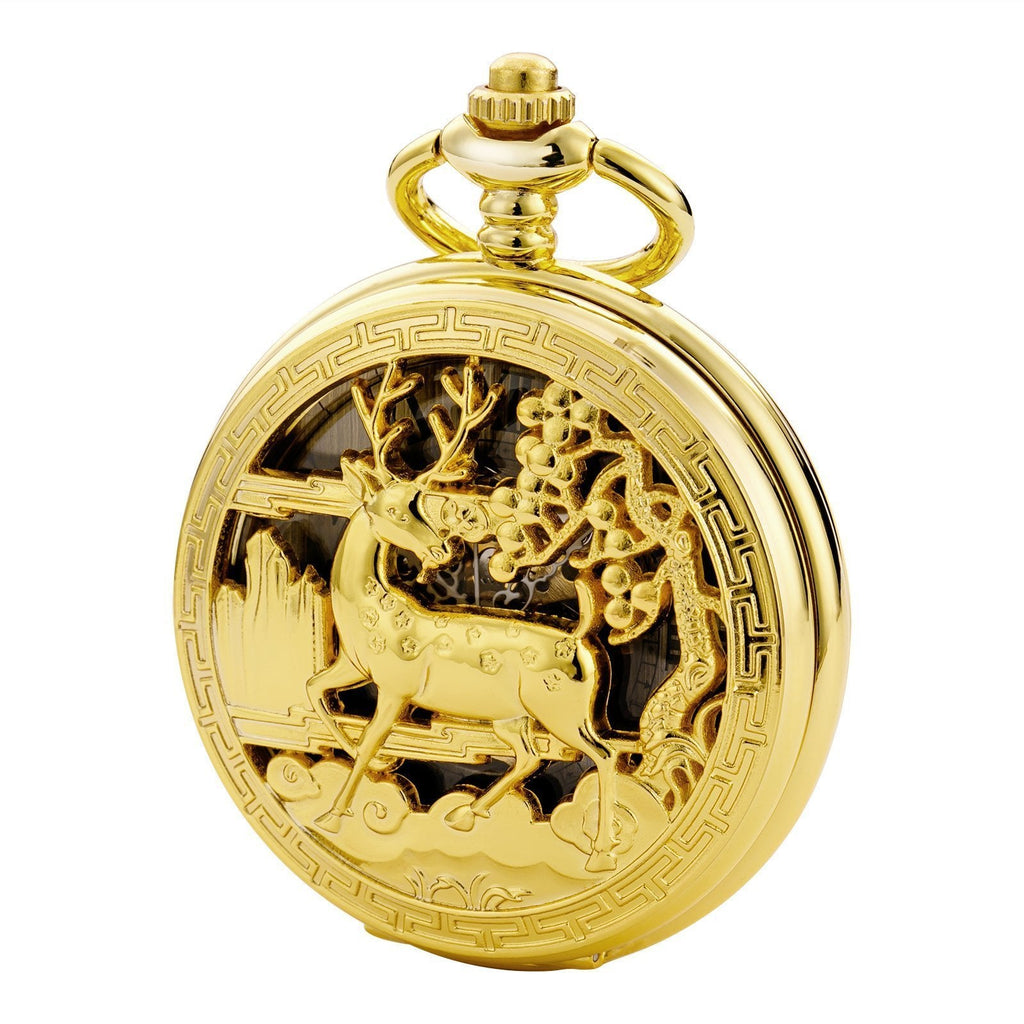 [Australia] - TREEWETO Vintage Pocket Watch Mechanical Double Cover Hollow Case Skeleton Steampunk Deer Case for Men Women Gold 