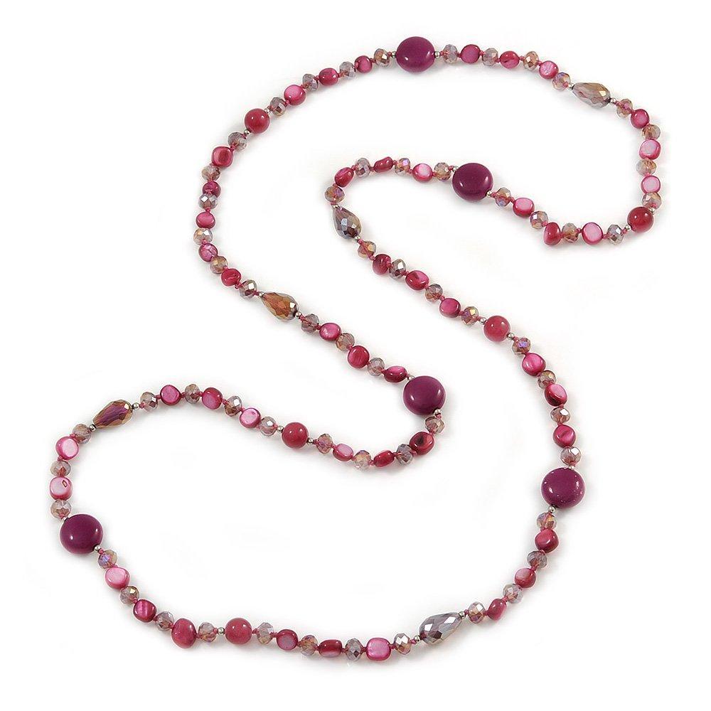 [Australia] - Avalaya Long Plum Shell Nugget, Ceramic and Glass Crystal Bead Necklace - 112cm L 