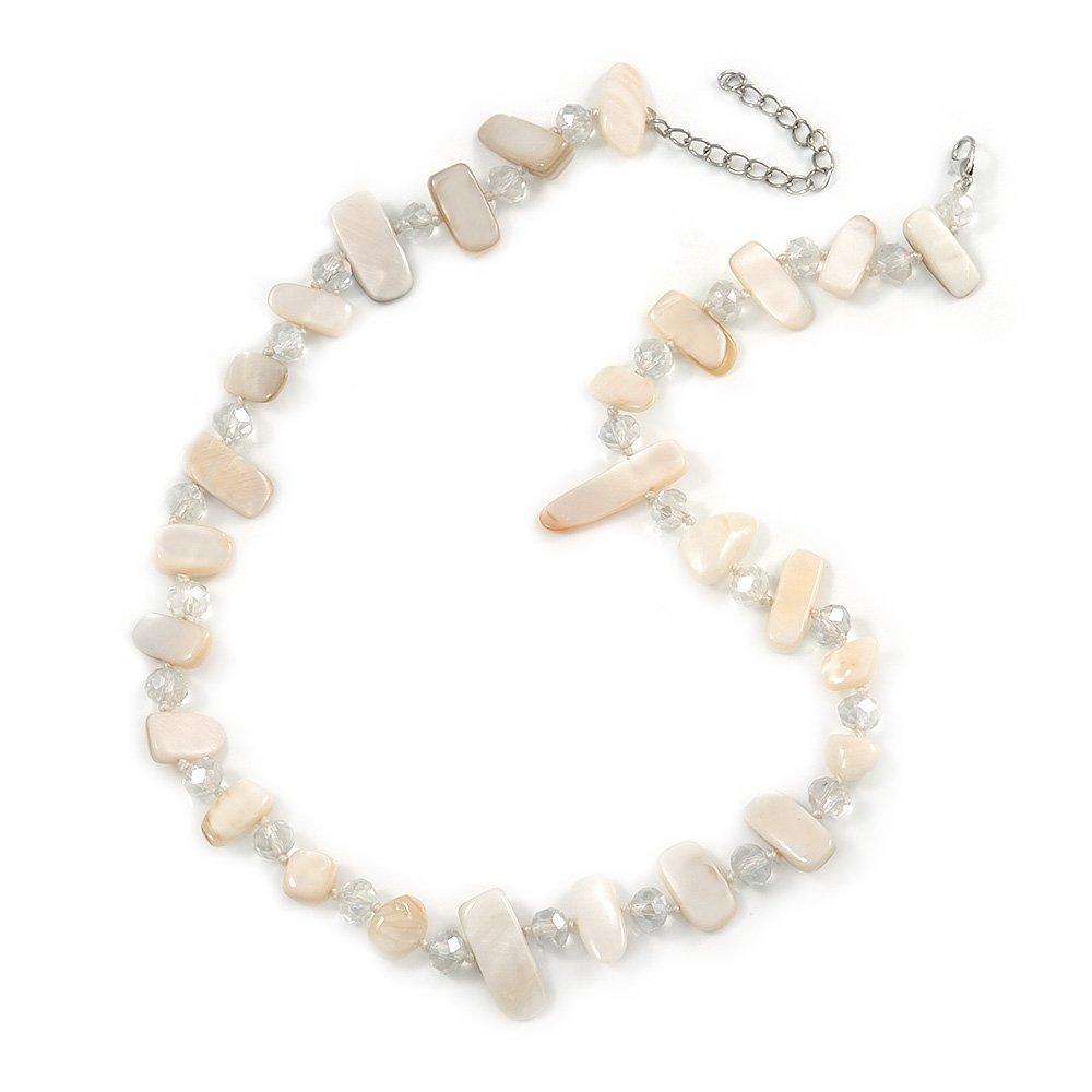 [Australia] - Avalaya Delicate Off White Sea Shell Nuggets and Transparent Glass Bead Necklace - 48cm L/ 7cm Ext 