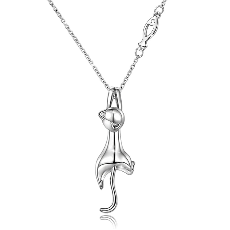 [Australia] - GOXO Cat Pendant Necklace 925 Sterling Silver Fish Chain Necklace for Women Girls 18" 