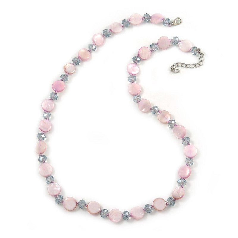 [Australia] - Avalaya Pastel Lavender Coin Shell and Crystal Glass Bead Necklace with Silver Tone Closure - 56cm L/ 5cm Ext 