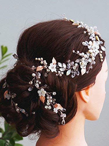 [Australia] - FXmimior Bridal Rose Gold Hair Accessories Crystal Headband Long Hair Vine Diadem Evening Party Customised Wreath Wedding Headpiece 
