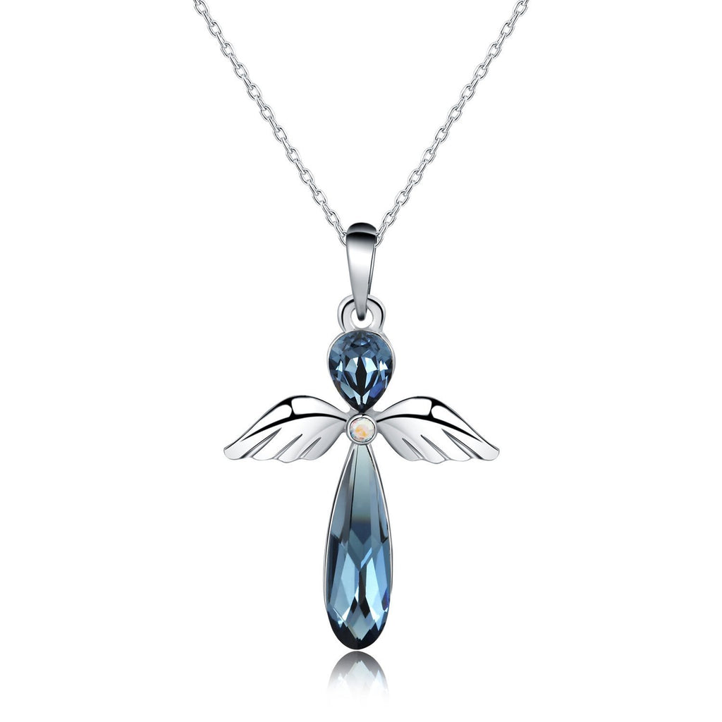 [Australia] - HERMOSO Guardian Angel Pendant Necklace for Women,Crystal Platinum Plating Jewellery Gift Chain 16“+2" Blue 