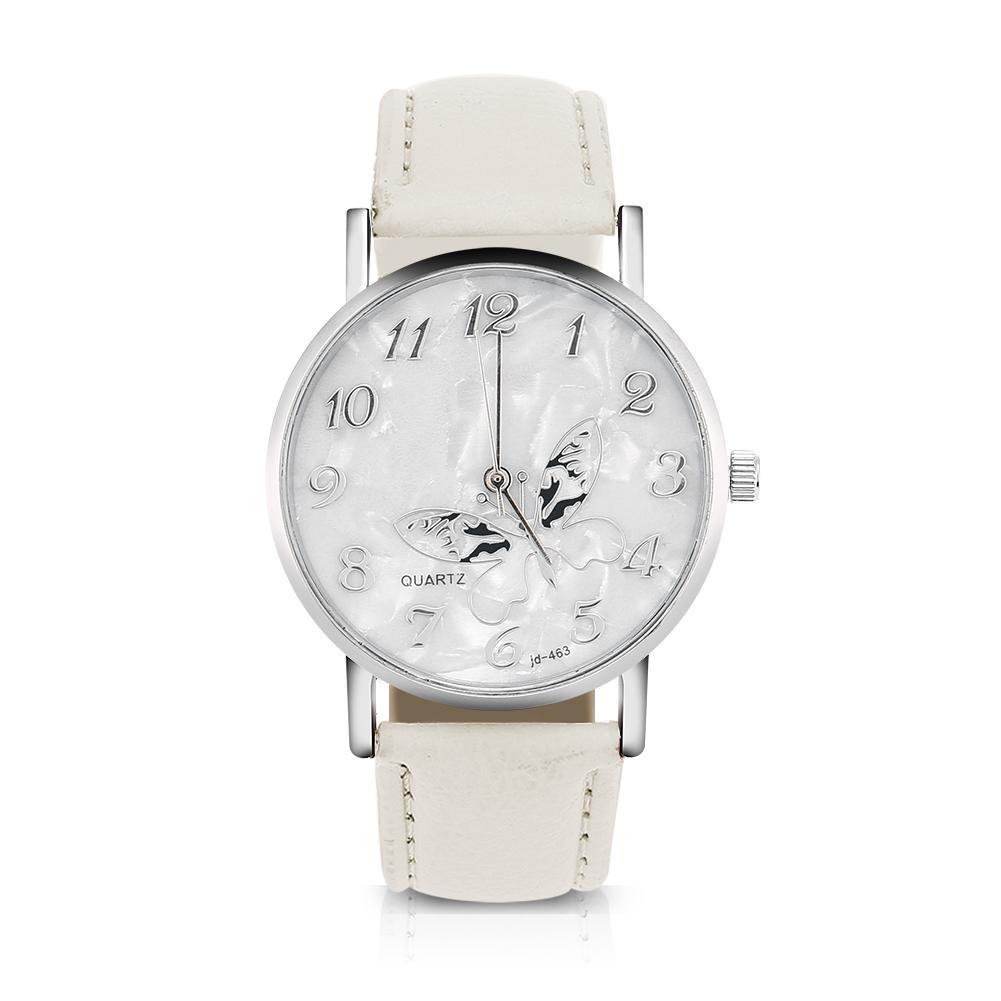 [Australia] - Women Quartz Watch Female Analog Round Wristwatches PU Leather Strap Fashion Simple Butterfly Design Wrist Watch(White) White 
