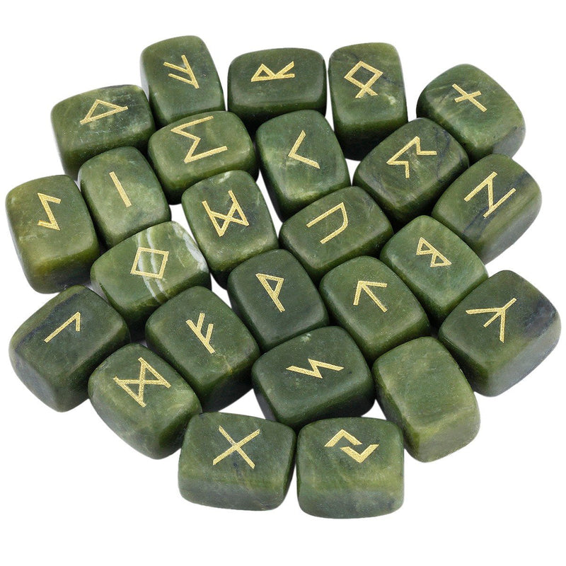 [Australia] - mookaitedecor Green Jade Runes Stones Set (25 Pieces), Tumbled Gemstone with Carved Rune Words for Fortune Telling, Crystal Healing Reiki 