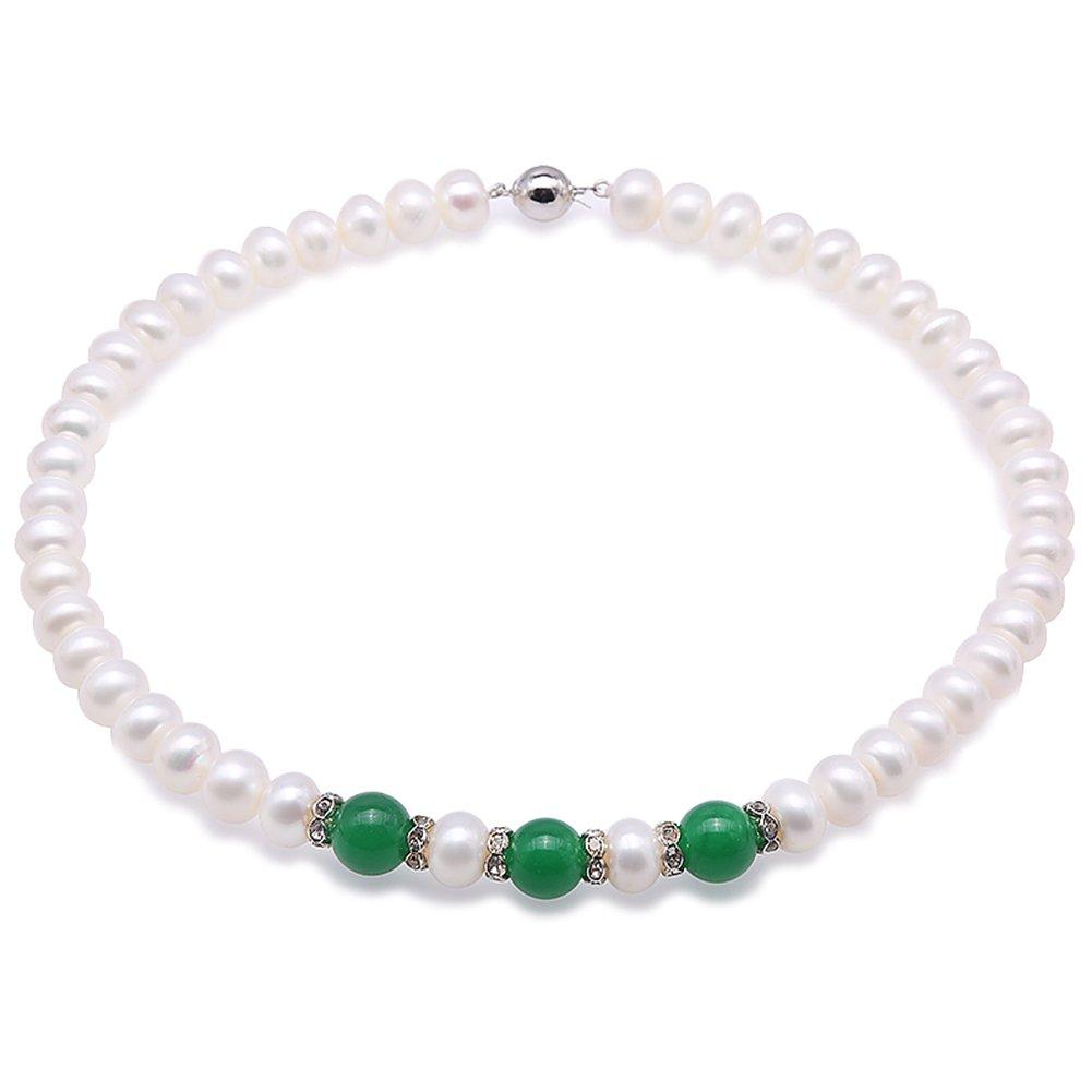 [Australia] - JYX Classical 11-11.5mm White Freshwater Pearl Necklace With Malay Jade 18.5" 