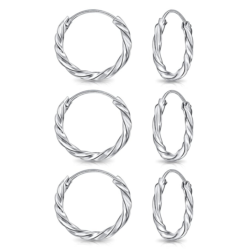 [Australia] - DTPsilver - Set of 3 PAIRS of TINY 925 Sterling Silver, Yellow or Rose Gold Plated Twisted Hoops/Sleepers Earrings - Thickness 1.8 mm - Diameter 10 mm 