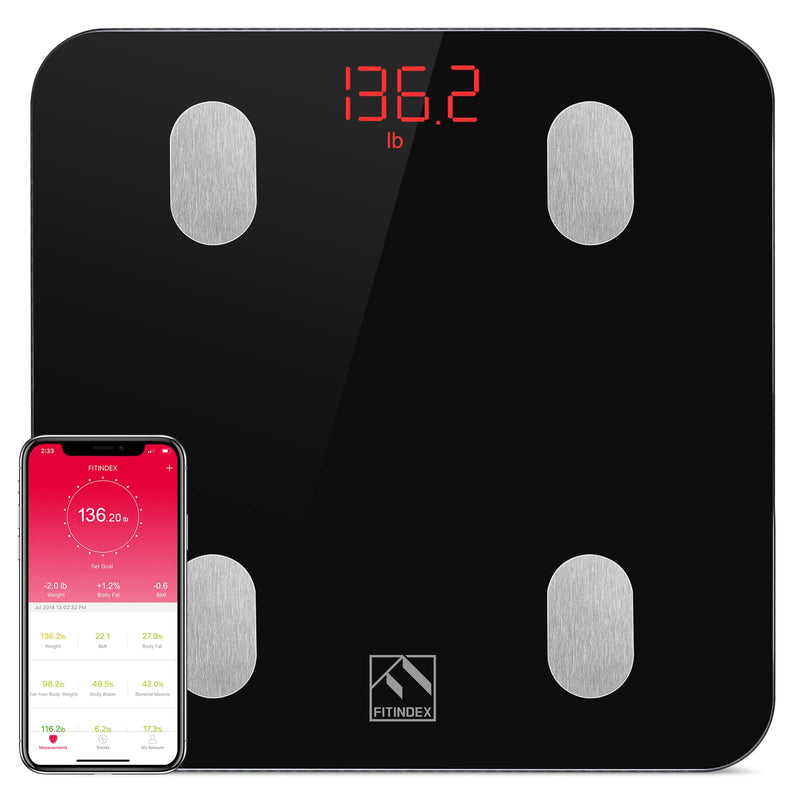 [Australia] - FITINDEX Bluetooth Body Fat Scale, Smart Bathroom Digital Weight Scale Body Composition Monitor Health Analyzer with Smartphone App for Fitness (Black) Black 