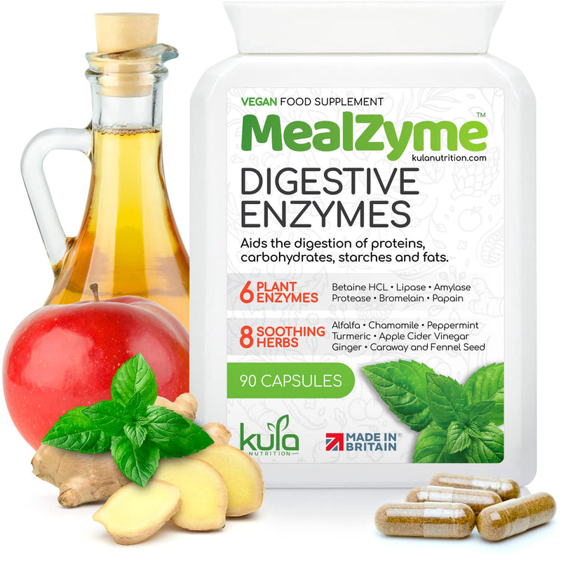 [Australia] - MealZyme - Digestive Enzyme Supplements - 6 Vegan Plant Based Complex with Bromelain, Betain HCL, Amylase, Protease, Lipase, Papain and Peppermint for Indigestion and Bloating Relief - 90 Capsules 90 Count (Pack of 1) 