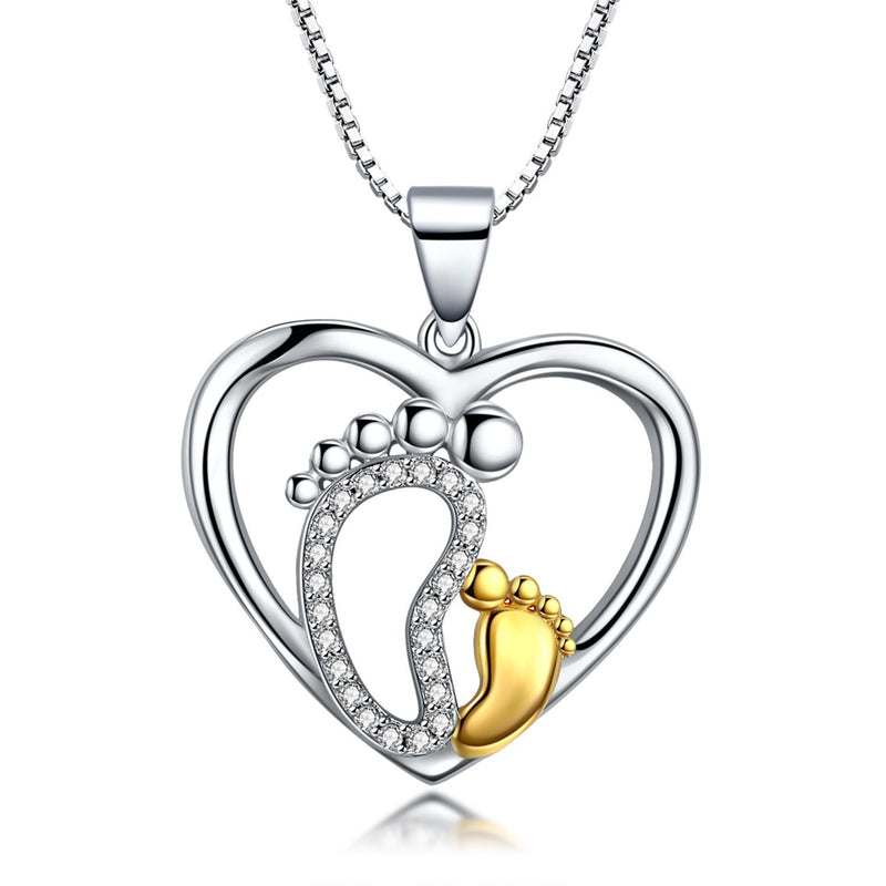 [Australia] - Heart Pendant Necklace 925 Sterling Silver Mother & Baby Feet Necklace Mother's day Gifts Pendant Best Gift Packed 18"+2"Extender 